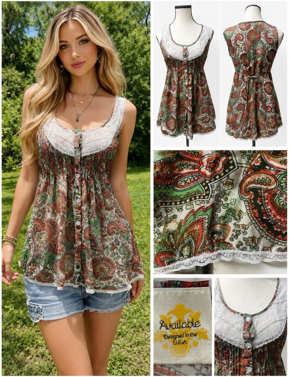 Boho Available Women's Peasant Top Size S/M Paisley Print Lace Trim